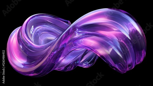 Abstract transparent glass wave with electric violet and pastel cyan lines on a matte black background, 3D rendering illustration of futuristic abstract shape with holographic element photo