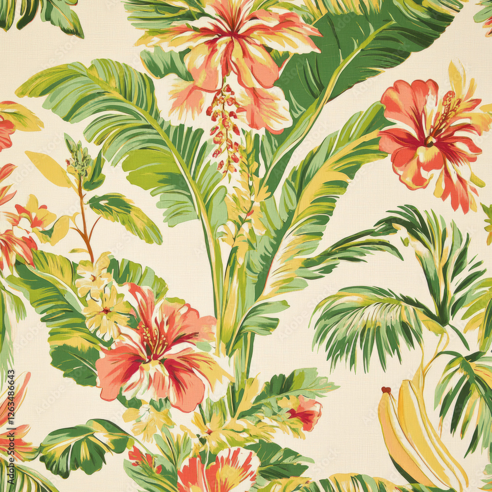 A tropical floral illustration with large palm fronds, bananas, and vibrant blooms like hibiscus and bougainvillea in a tropical palette of bright greens, oranges, and reds. The design has an exotic