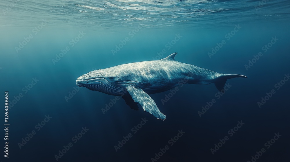 Fototapeta premium Solitary whale gliding through clear waters with hidden dangers in view