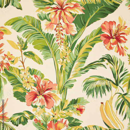Obraz na płótnie A tropical floral illustration with large palm fronds, bananas, and vibrant blooms like hibiscus and bougainvillea in a tropical palette of bright greens, oranges, and reds. The design has an exotic w salonie