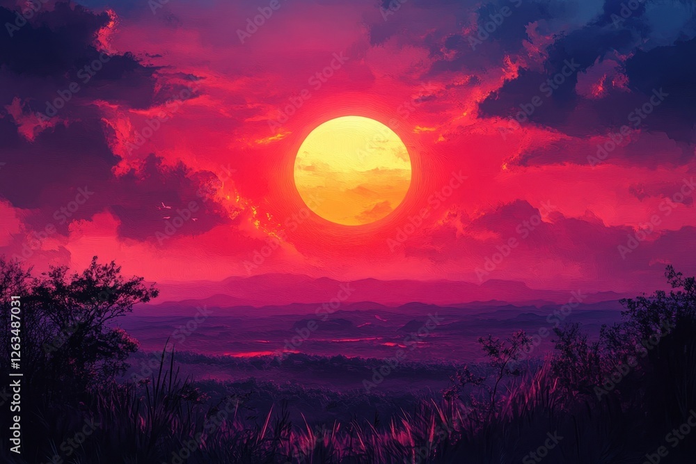 Obraz premium Vibrant sunset paints a landscape with dramatic and colorful hues