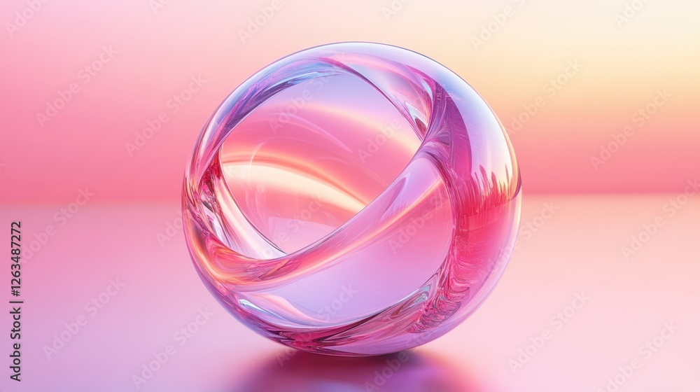 Fototapeta premium Abstract transparent glass molecular orb with soft shifting arcs on an infinite reflective background, 3D rendering illustration of futuristic abstract shape