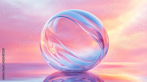 Abstract transparent glass molecular orb with soft shifting arcs on an infinite reflective background, 3D rendering illustration of futuristic abstract shape with holographic element