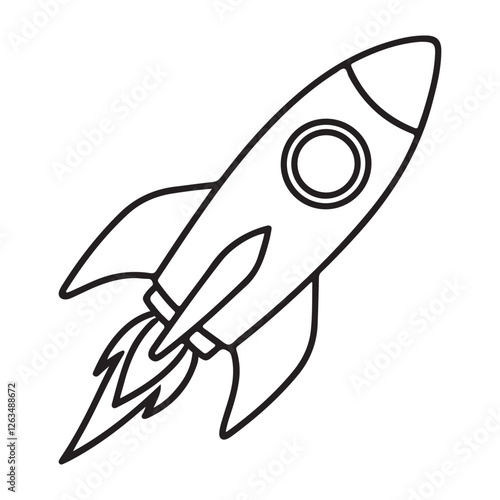 black and white outline drawing of a rocket with a classic design 