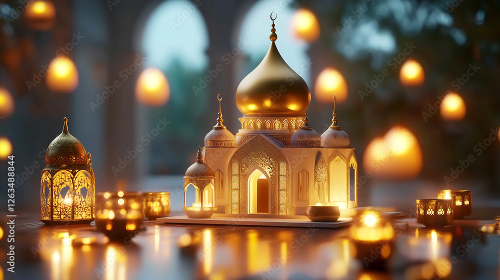 Obraz premium Elegant Ramadan Iftar Table with Lanterns – Festive Islamic Decor for Celebrations & Marketing