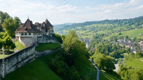 Wallpaper Mural Hilltop castle overlooking valley town, scenic Swiss Alps Torontodigital.ca