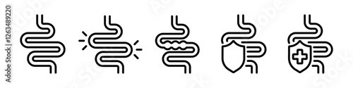 Stomach icons. Digestion icons. Diet icons. Diarrhea icon set. Stomach diarrhea symbols. Intestine digestive system vector symbol.