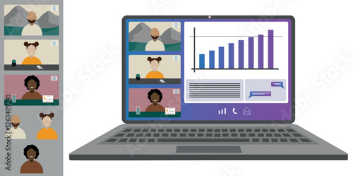 Video call conference, working from home. Colleagues of different nationalities and ages talk to each other on the laptop screen. Isolated illustration on white background in flat style trendy colors