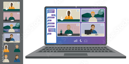 Video call conference, working from home. Colleagues of different nationalities and ages talk to each other on the laptop screen. Isolated illustration on white background in flat style trendy colors