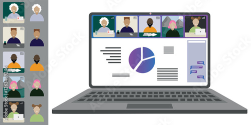Video call conference, working from home. Colleagues of different nationalities and ages talk to each other on the laptop screen. Isolated illustration on white background in flat style trendy colors