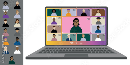 Video call conference, working from home. Colleagues of different nationalities and ages talk to each other on the laptop screen. Isolated illustration on white background in flat style trendy colors