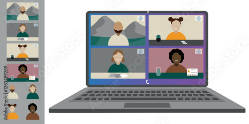 Video call conference, working from home. Colleagues of different nationalities and ages talk to each other on the laptop screen. Isolated illustration on white background in flat style trendy colors