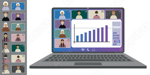 Video call conference, working from home. Colleagues of different nationalities and ages talk to each other on the laptop screen. Isolated illustration on white background in flat style trendy colors
