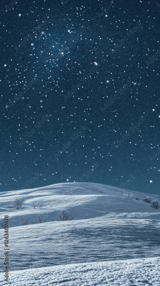 Naklejka premium Winter landscape with snow covered hills under a starry sky
