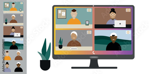 Video call conference, working from home. Colleagues of different nationalities and ages talk to each other on computer screen. Isolated illustration on white background in flat style trendy colors