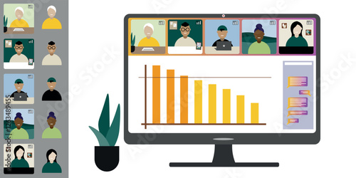 Video call conference, working from home. Colleagues of different nationalities and ages talk to each other on computer screen. Isolated illustration on white background in flat style trendy colors