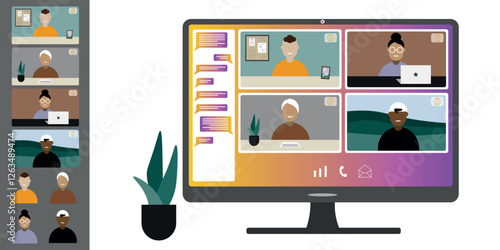 Video call conference, working from home. Colleagues of different nationalities and ages talk to each other on computer screen. Isolated illustration on white background in flat style trendy colors