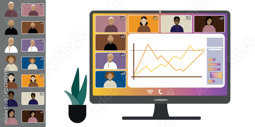 Video call conference, working from home. Colleagues of different nationalities and ages talk to each other on computer screen. Isolated illustration on white background in flat style trendy colors