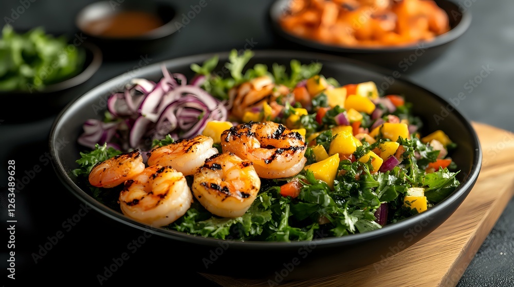 Grilled shrimp kale salad with mango, red onion and butternut squash on black plate. Fresh healthy lunch bowl with colorful vegetables and seafood. Grilled shrimp kale salad with mango, red onion and butternut squash on black plate. Fresh healthy lunch bowl with colorful vegetables and seafood.