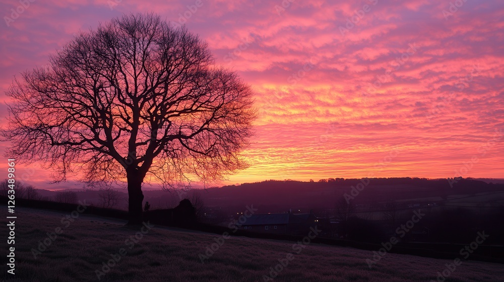 Arafed tree stands alone in a serene field, illuminated by the warm hues of a vibrant sunset in the background, creating a tranquil atmosphere.