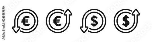 Currency exchange icons. Convert money, transfer cash, financial exchange. Exchange currency. Exchange dollar and euro icons
