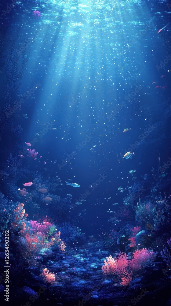 Obraz premium Deep sea view of ocean life with sunlight shining through