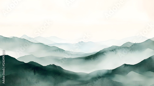 Fototapeta Naklejka Na Ścianę i Meble -  Abstract minimalist landscape painting with green watercolor mountains fading into a white background. Soothing and calming image, perfect for wall art or as a background for your designs