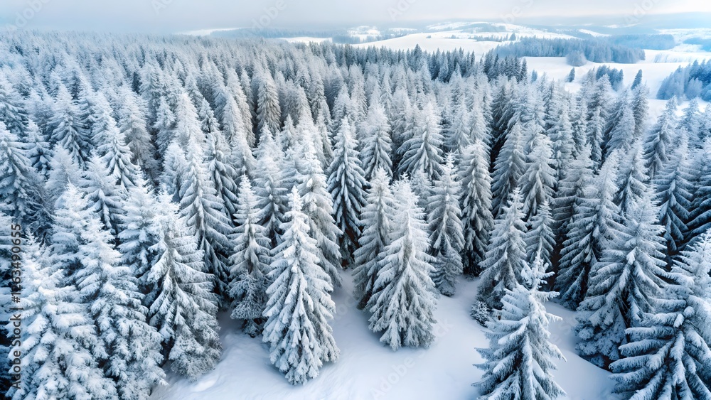 Aerial View of Snow Covered Coniferous Forest in Winter Aerial View of Snow Covered Coniferous Forest in Winter