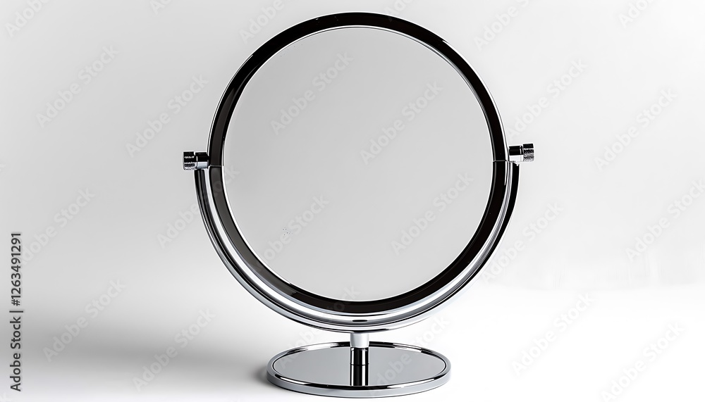 A sleek round makeup mirror with chrome stand, on white background. A sleek round makeup mirror with chrome stand, on white background.