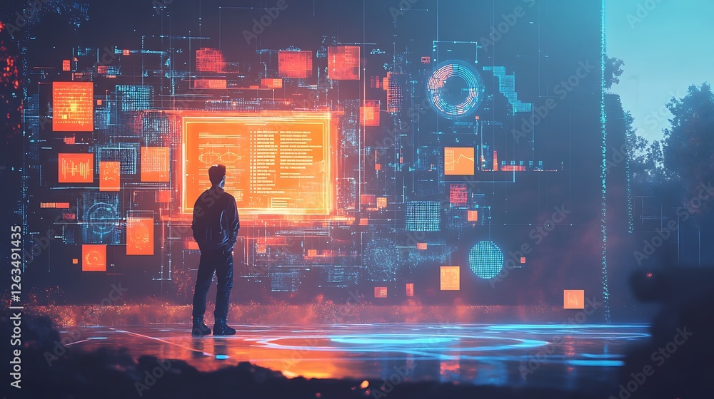 Fototapeta premium A person observes a futuristic, digital interface displaying data and code.