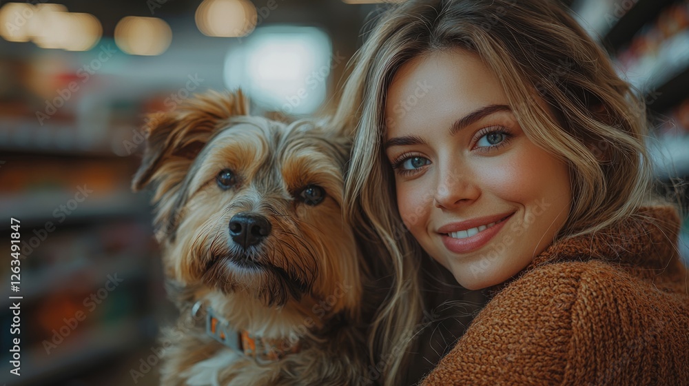 A pet owner interacting with their pet in the store, browsing toys or pet care items, with a soft focus on products like chew toys, pet bowls, and grooming accessories A pet owner interacting with their pet in the store, browsing toys or pet care items, with a soft focus on products like chew toys, pet bowls, and grooming accessories