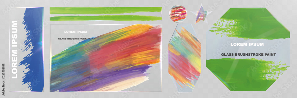 Obraz premium Glass brushstroke paint transparent shapes set. Modern abstract acrylic strokes on glass texture. Colorful artistic design elements for banners, labels, stickers.