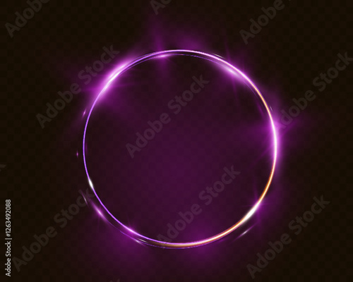 Purple neon glowing circle on dark background, featuring a circle, rectangle, and vertical rectangle with light flares and soft gradients. Elegant futuristic light effects suitable. photo