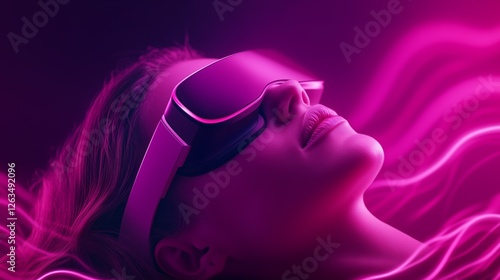 Individual relaxing and exploring virtual worlds while sleeping with VR glasses in a vibrant, colorful environment photo