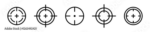 Black aim icon set. Set of black sight icons. Crosshair, gun sight vector icons. Bullseye, black target or aim symbol. 