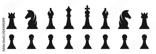 Chess silhouettes. Chess icons set.  Chess vector icons. Chess figures. Chessboard