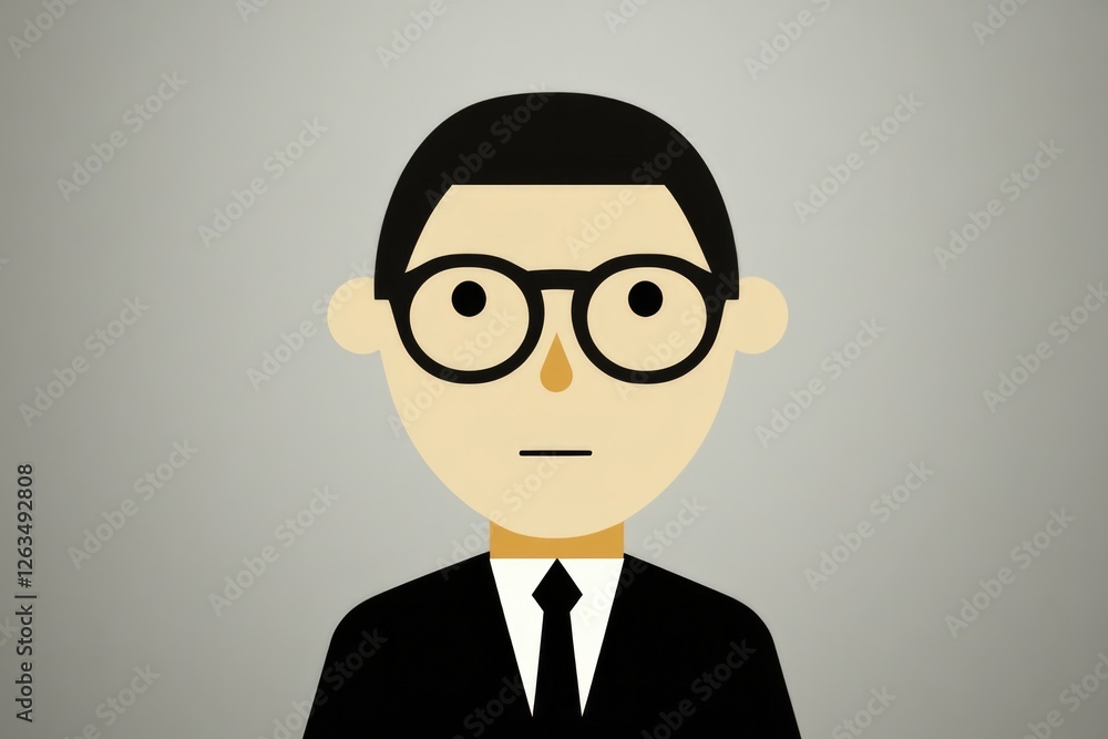 A young man stands in a black suit and glasses with a neutral expression, evoking feelings of sophistication and focused determination within a contemporary minimalist art style. A young man stands in a black suit and glasses with a neutral expression, evoking feelings of sophistication and focused determination within a contemporary minimalist art style.
