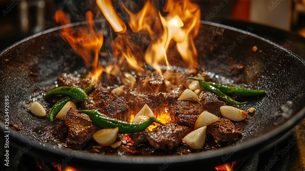 Sizzling beef flames dance with aromatic garlic and sizzling Padron peppers. A culinary masterpiece that captures the magic of fire-infused cooking. Sizzling beef flames dance with aromatic garlic and sizzling Padron peppers. A culinary masterpiece that captures the magic of fire-infused cooking.