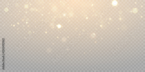 Sparkling gold glitter and bright bokke highlights with light source. Soft warm light and festive glitter effect. Christmas background.