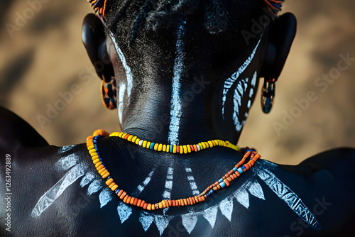 Portrait of african tribesman with face painting, head adornment and colourful necklaces