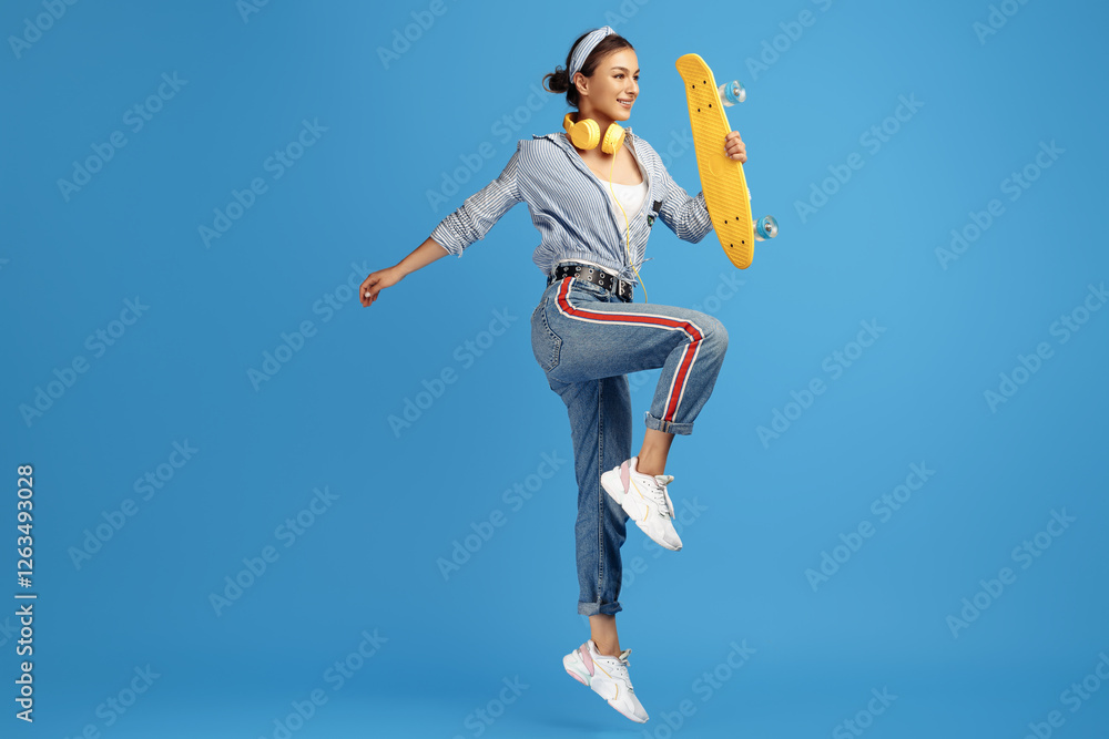 Happy young woman hold yellow skateboard jumping over blue background Happy young woman hold yellow skateboard jumping over blue background