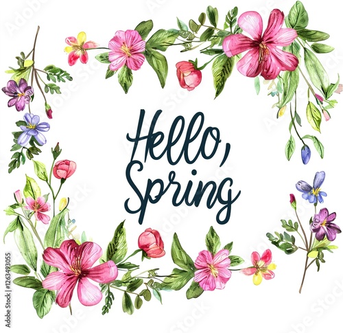 Delicate Floral Wreath with Pink and Purple Flowers and ‘Hello Spring’ Typography