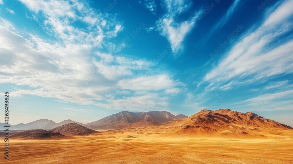 Naklejka premium Futuristic Fantasy Desert Landscape with Golden Dunes and Azure Sky