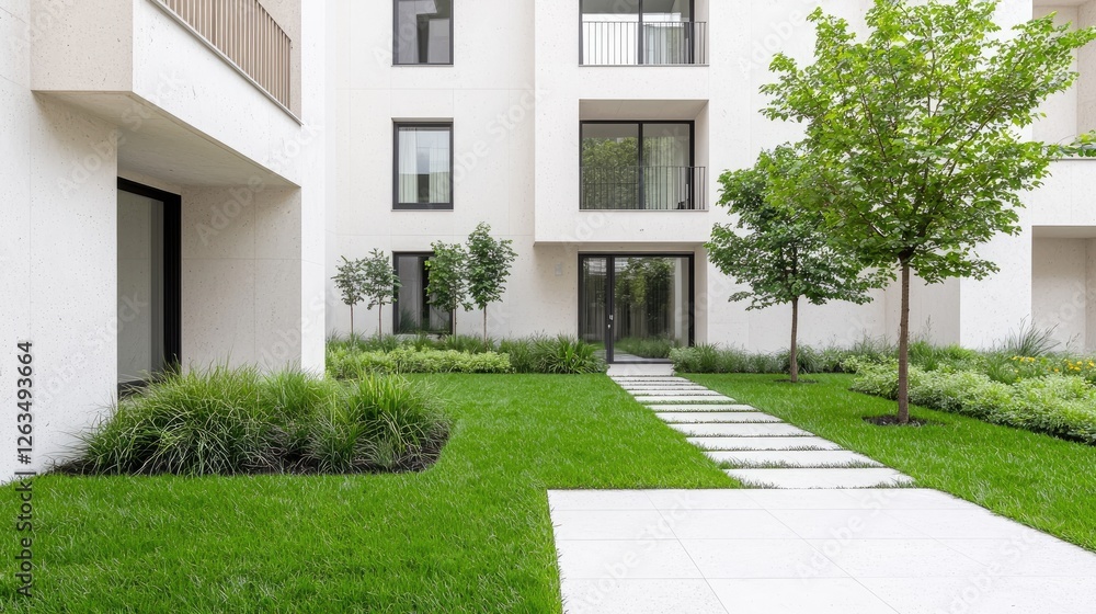 Modern apartment complex courtyard with green grass and walkway. Possible use Stock photo for architectural design or real estate Modern apartment complex courtyard with green grass and walkway. Possible use Stock photo for architectural design or real estate