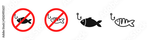 No fishing. No fishing forbidden signs. No fishing icons. Fishing prohibited. Fishing forbidden