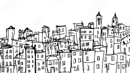 Cityscape buildings drawing illustration. Architecture details houses roofs windows. Suitable travel blog urban exploration architecture tourism. Line art monochrome sketch white background