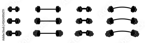 Barbell and dumbbell vector illustration.  Barbell and dumbbell icons. Barbell and dumbbell silhouettes. Barbells vector icons.