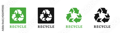 Recycling label. Recycle badge. 100% Recycle label. Recycling icon. Recycle, reuse and reduce icons.