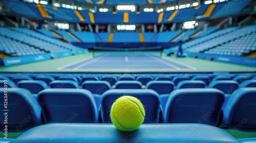 Obraz premium A close-up of a bright yellow tennis ball resting on a blue seat in an empty stadium, conveying a sense of anticipation. Relevance Defined, Minimalist Stillness