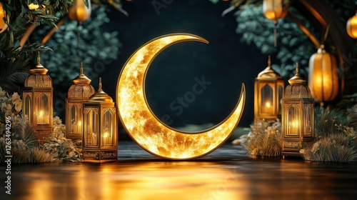 Illuminated Crescent Moon Lantern Festive Ramadan Night Scene Gold Lanterns